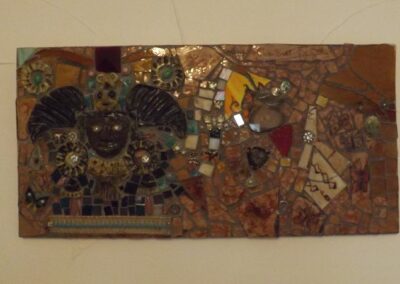 Butterfly God. Mosaic, with glass, ceramics and vintage jewellery. 34 x 61 cm. £250.00