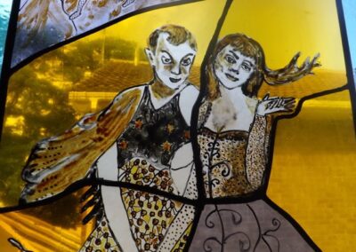 Stained Glass Window - sand blasted flashed glass, leaded, kiln fired enamel painted. Built in to private house. NFS
